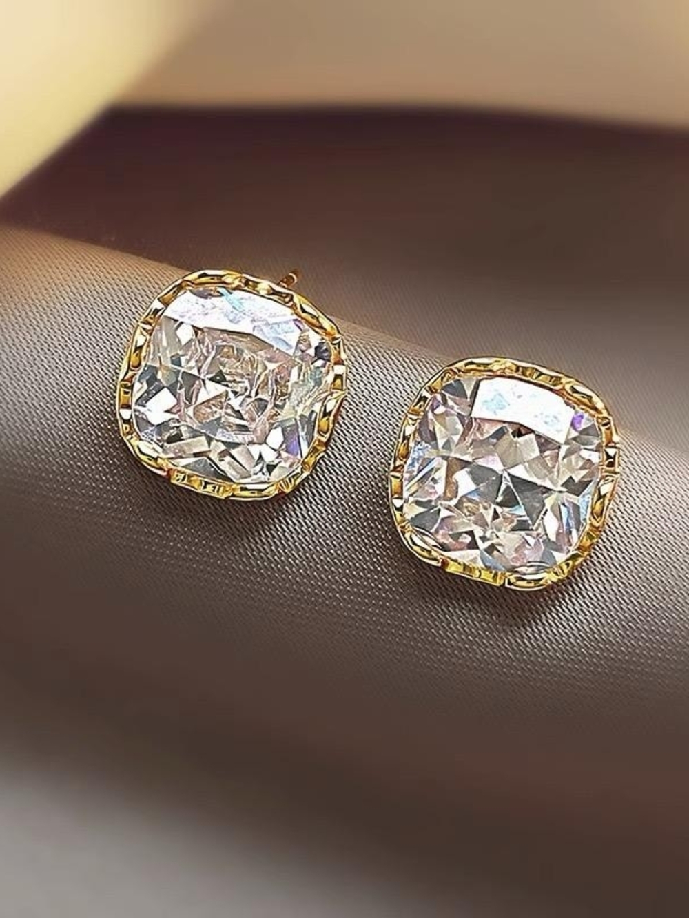 Gold-Trim Clear Crystal Stud Earrings - Women Jewelry